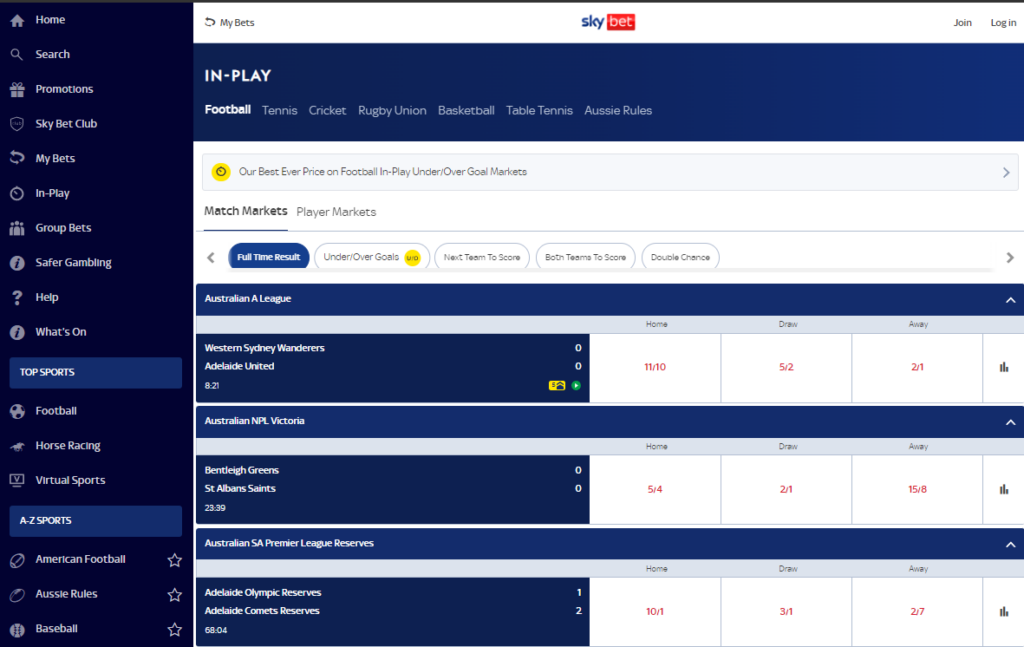 Варіанти ставок в SkyBet